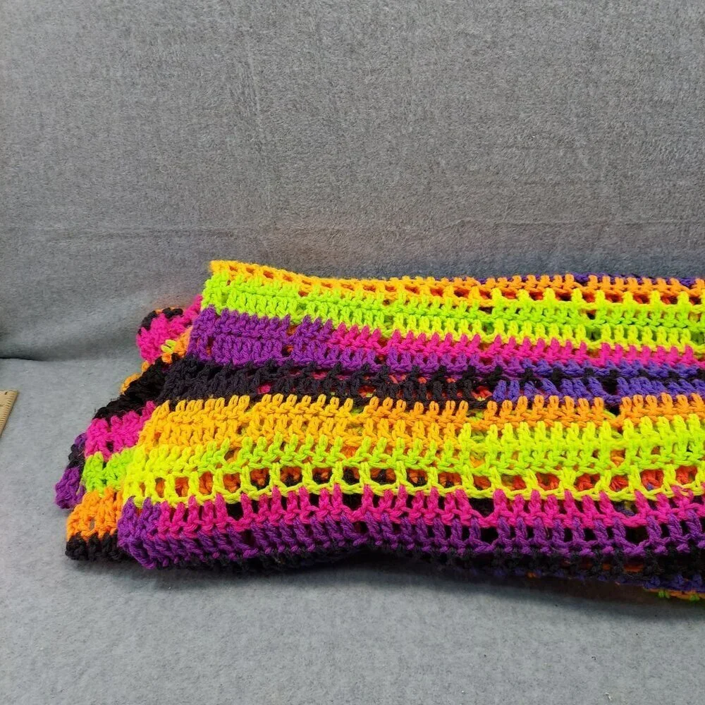 Handmade Neon Crochet Blanket Throw Vibrant Striped Pattern Multi-Color Soft Lig